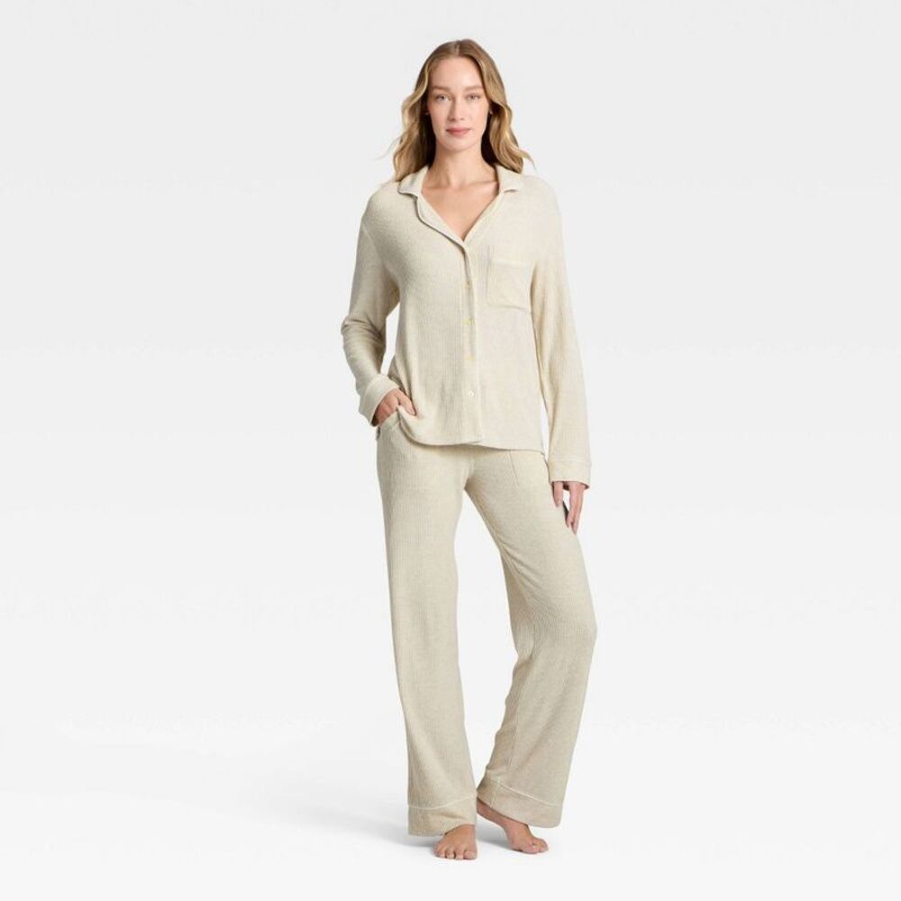 Women's Cozy Ribbed Notch Collar Long Sleeve Pajama Set Oatmeal XXL